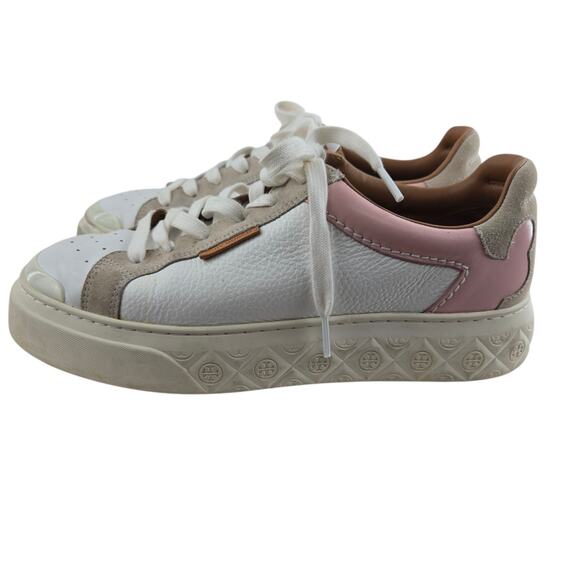 Tory Burch Ladybug Platform Sneakers Womens 9 White Leather Pink Low Top Logo - Picture 7 of 14